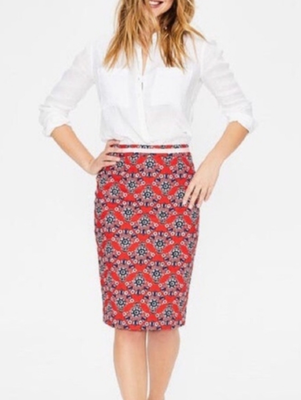 Boden Red Floral Bouquet Print Pencil Skirt Women’s US 6 Lined Knee Length